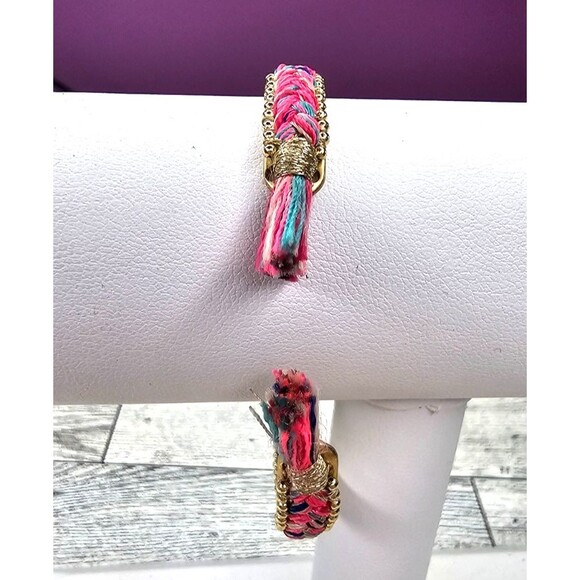 stella & dot pink multi color & gold tone braided fringe tassel cuff bracelet - Picture 2 of 4